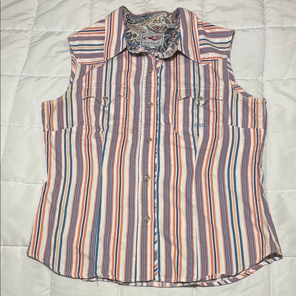 Roper Striped Sleeveless Pearl Snap Top - Multicolor